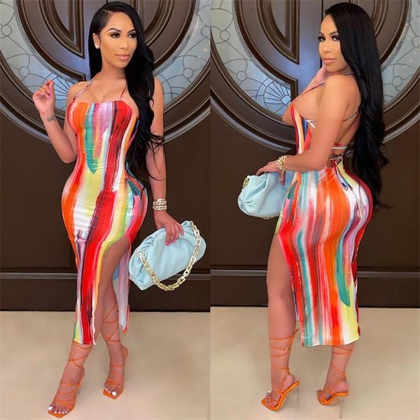 

casual dresses cutubly tie dye summer dress backless spaghetti straps club for women high slit midi party beach, Black;gray