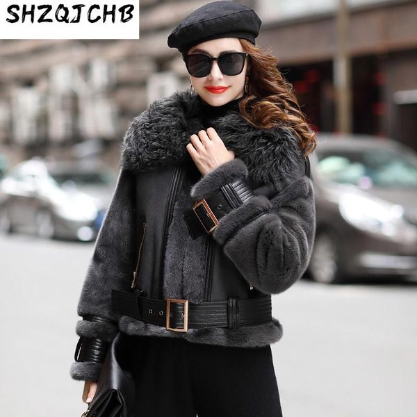 

women's fur & faux jchb 2021 fashion mink coat lamb collar sheep integration short, Black