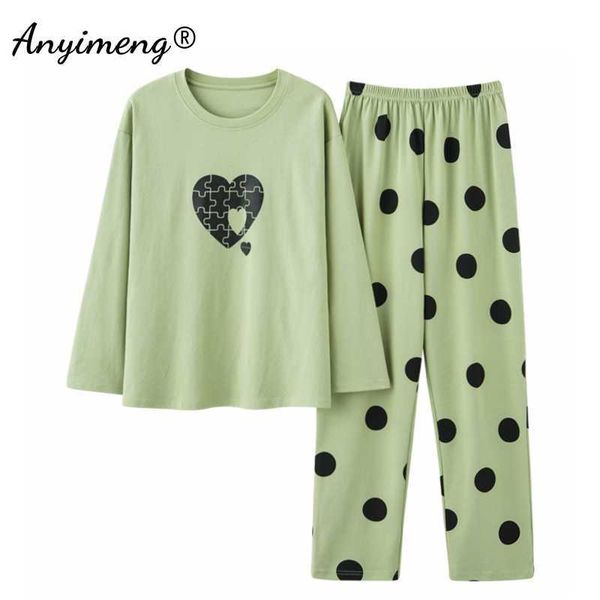 Lady Pigiama Set Chic Pois Cuore Jigsaw Puzzle Pigiama di cotone morbido per le donne Moda casa in stile coreano Loungewear per ragazze 211019