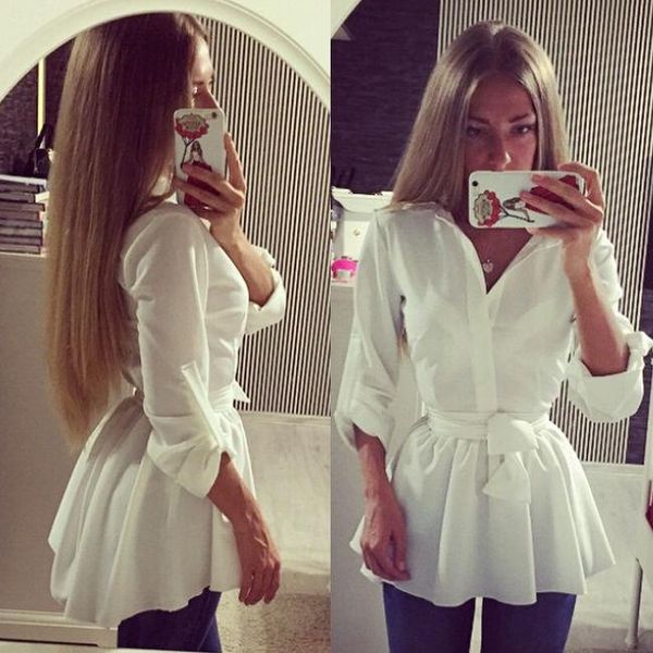 

women long sleeve button down shirt princess blouse casual with belt women's blouses & shirts, White