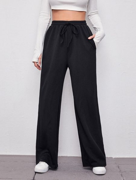 

drawstring waist wide leg pants 48zo#, Black;white