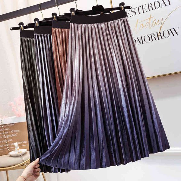

skirts autumn fashion gradient color veet pleated long skirt metallic multi-color pleuche winter a-line skirts purple blue, Black