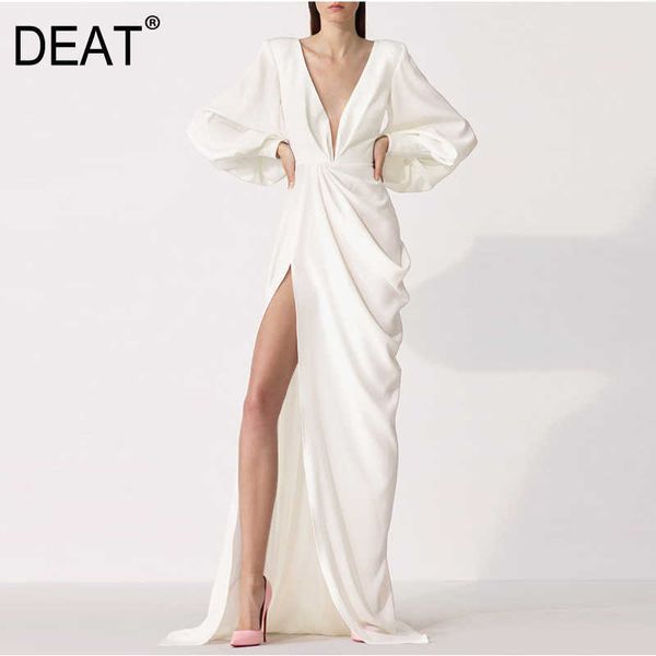 

[deat] temperament elegant white loose long sleeve floo-length v-neck dress fashion autumn spring 13c155 210527, Black;gray