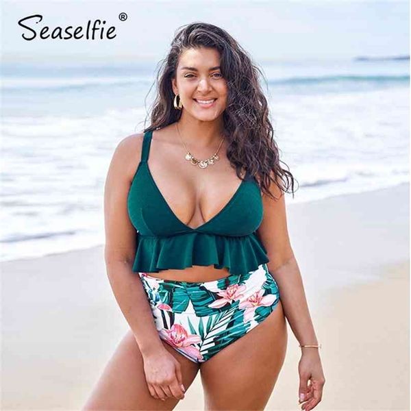 Seasfie Plus Размер высокой талии бикини наборы женщин сексуальные большие зеленые и цветочные вздоркитые два частями купальника купальник костюм 210702