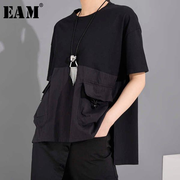 

[eam] women black pocket irregular split big size t-shirt round neck short sleeve fashion spring summer 1t70601 210621, White