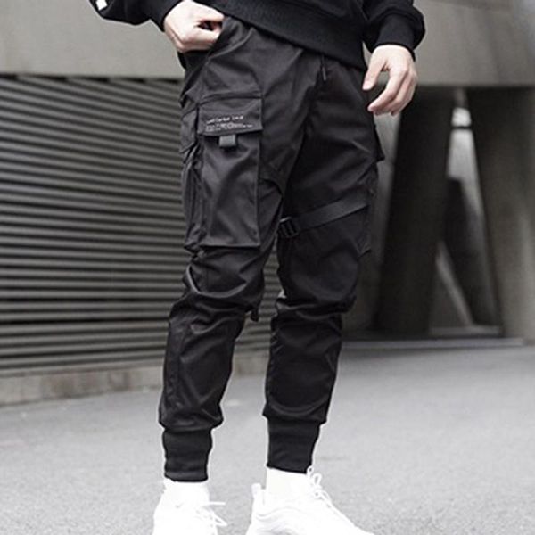 Sonbahar Erkekler Kurdela Katı Renk Siyah Cep Kargo Pantolon 2021 Harem Joggers Erkek Harajuku Sweatpant Hip Hop Pantolon Erkekler