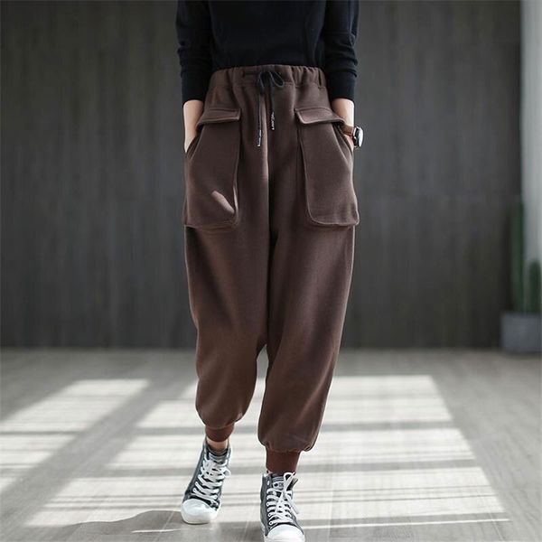 

winter arts style women elastic waist thicken warm loose pants double pocket cotton casual harem femme trousers v219 210512, Black;white