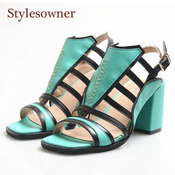 

genuine leather buckle strap fashion open toe high-heeled sandals 2021 wild thick-heeled women, Black