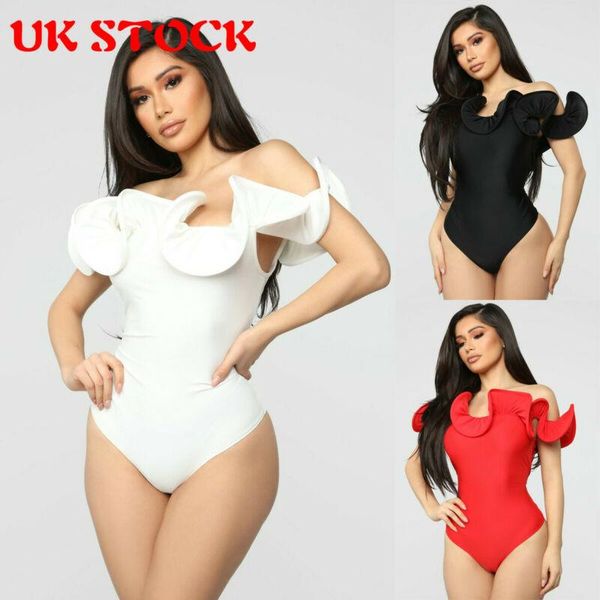 

women's jumpsuits & rompers 2021 elegant ruffles romper bodysuit slim ladies off shoulder jumpsuit bodycon, Black;white