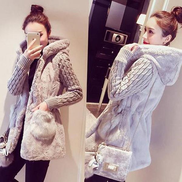 

women's jackets women hooded winter warm jacket loose knitted plush thick outerwear coat ladies casual coats pocket, Black;brown