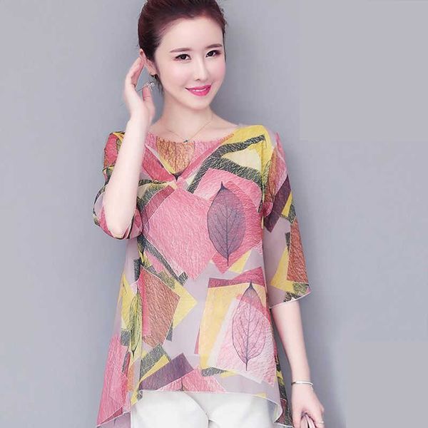 

women's spring summer style chiffon blouses shirt loose o-neck printed half sleeve korean casual df3918 210609, White
