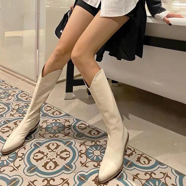 

boots 2021 fashion but knee white thick heel high pointed retro mid-tube knight women, Black