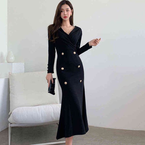 

fashion vintage v-neck long sleeve long party dress women elegant casual robe streetwear button black female mermaid dress y1204, Black;gray