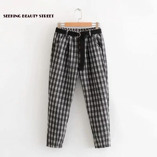 

women's pants & capris ropa de invierno para mujer 2021 plaid women high waisted slim wool 9-point harun, Black;white