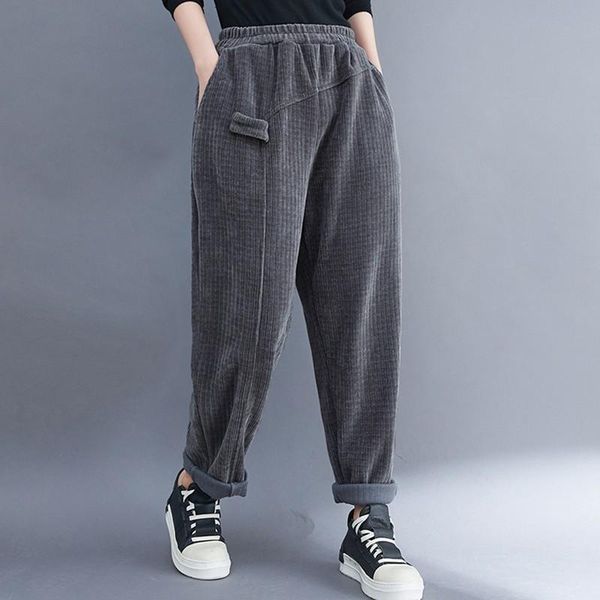 

women's pants & capris women corduroy casual 2021 autumn winter vintage style solid color loose elastic waist female harem b1421, Black;white