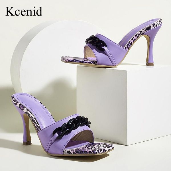 

kcenid elegant slides women 9cm high heels mules fetish pumps leopard square toe chain design ladies prom slippers women's shoes, Black