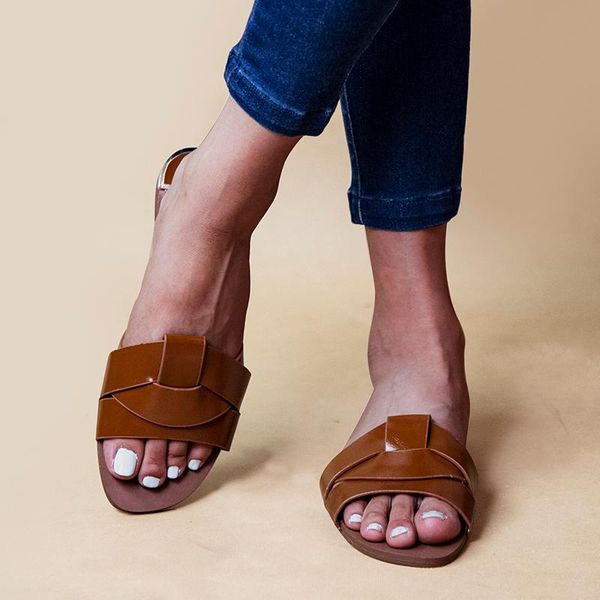 

slippers comfort pu leather outside summer slides retro women flat with slip-on beach shoes clearance, Black
