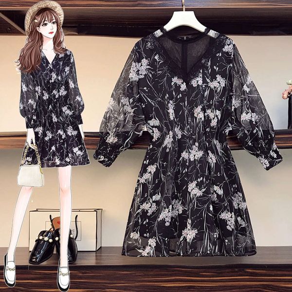 

casual dresses dress large women's spring fat sister french xianqi belly covering age reducing chiffon floral 6lzx, Black;gray