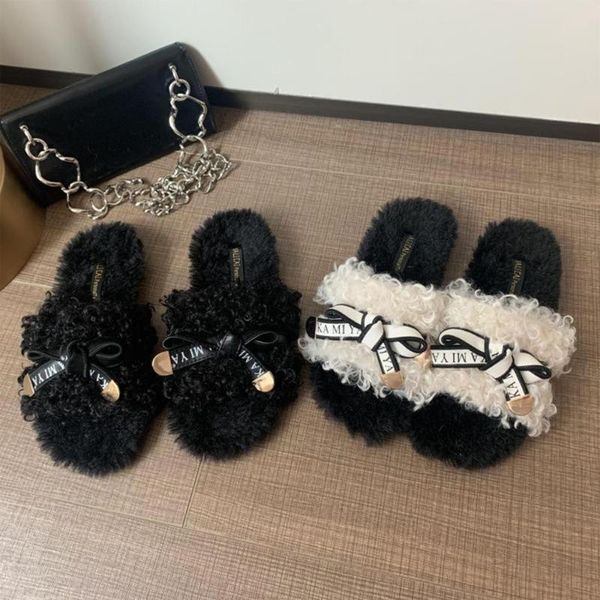 

women's winter trend with bow wool slippers, Black