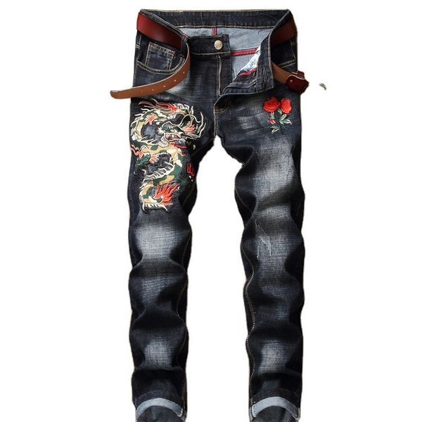 

fashion jeans 2021 men's embroidery straight pants bae nostalgic, Blue