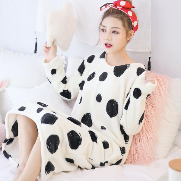 

women's sleepwear autumn winter cow print long sleeve thick warm flannel nightgowns for women coral velvet nightdress night dress night, Black;red