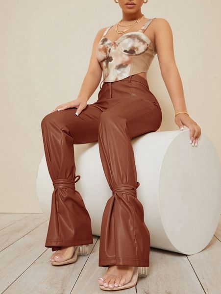 

sxy knotted hem pu leather pants f47u#, Black;white