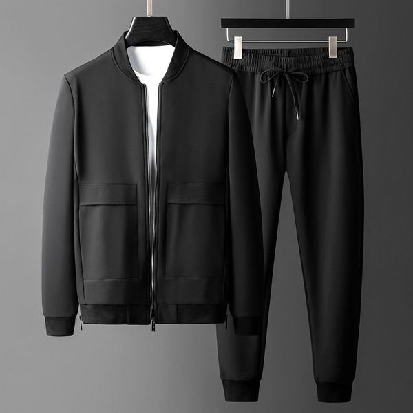 

tracksuit shirt black sport casual sets (sweatshirt+pants) stand collar zipper male suits elastic waist slim man set 3xl, Gray