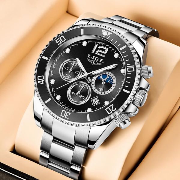 

wristwatches lige 2021 luxury watch for men brand waterproof sport stainless steel chronograph fashion 24 hours moon phase, Slivery;brown