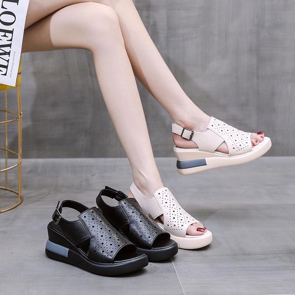 

sandals 2021 summer fish mouth hole open toe women's external penetrating wedge heel sports casual shoes, Black
