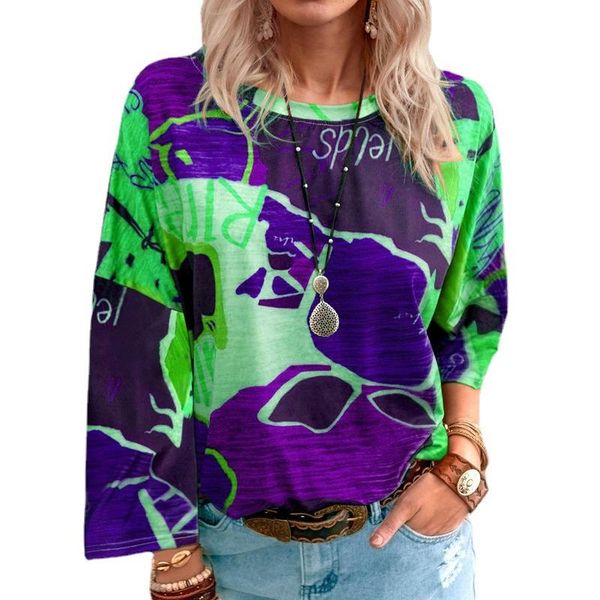 

women's t-shirt tie dye t-shirts autumn spring round neck long sleeve map print loose tee wdc7953, White