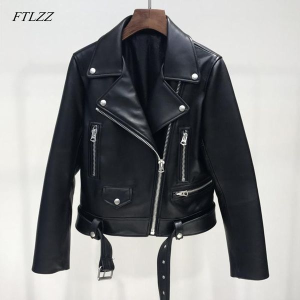 

women's leather & faux ftlzz autumn women pu jacket woman zipper belt short coat female black punk bomber outwear