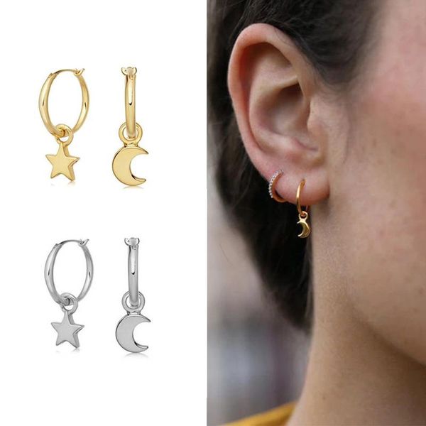 

hoop & huggie eleshe genuine 925 sterling silver moon star earrings for women 18k gold plated delicate jewelry wholesale, Golden;silver