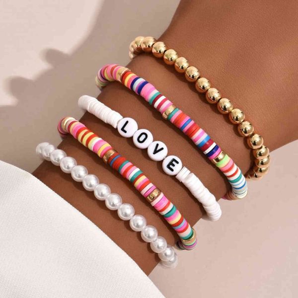 

diezi bohemian ethnic hamdmade multicolor bracelet sets for women fashion letters pearl beads couples boho jewelry, Golden;silver
