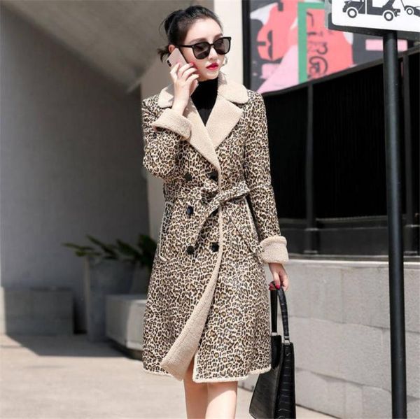 

women's wool & blends women blend coat leopard slim turn-down collar bandage long warm winter plus size jacket female casaco 35, Black