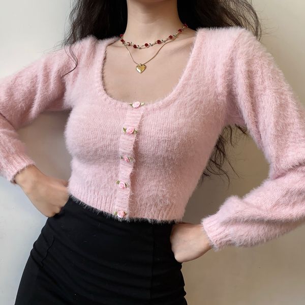 

women's jackets sweet rose mohair knitted cardigan women round collar long sleeve pink plush short sweater knitwear autumn wi, Black;brown