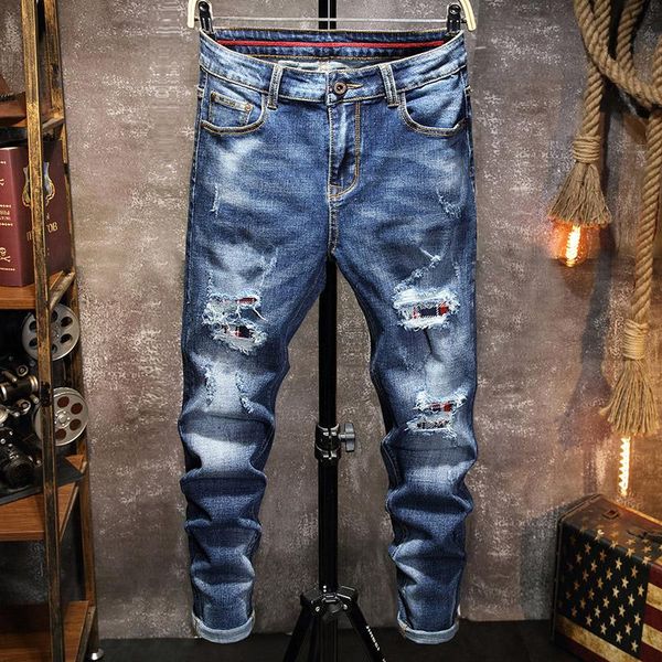 

men's jeans fashion slim ripped spring autumn trend high street patched beggar pants hip hop rock denim trousers male brand, Blue