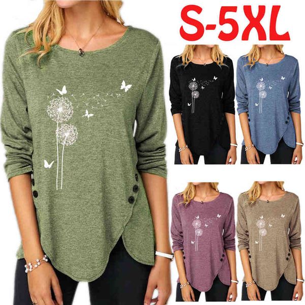 

new large irregular button long sleeve round neck printed women's t-shirt, White