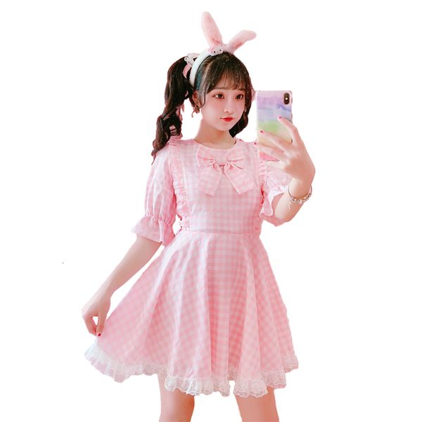 

summer lolita soft girl cute kawaii sweet lace short sleeve plaid vintage women princess ruffles pink es, Black;gray