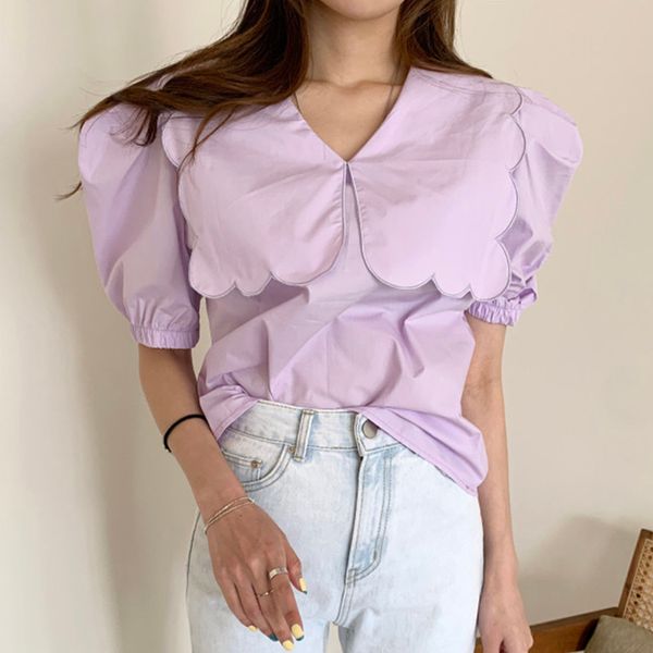 

women white blouse large lapels with wavy edges half puff sleeve loose shirt fashion spring summer 2f0542 210510