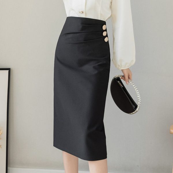 

korean women skirts woman high waist office lady black split long plus size faldas largas mujer midi ol 210427