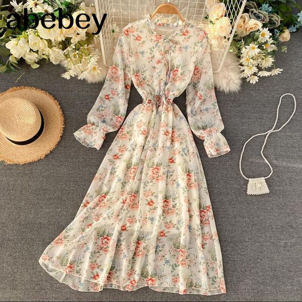 

casual dresses 2021 spring summer long-sleeved chiffon dress women floral ruffled elastic waist print female mid-calf vestidos, Black;gray