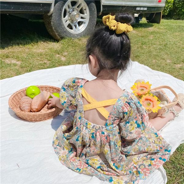 

girl's dresses 2021 summer arrival girls fashion floral dress kids back cross, Red;yellow