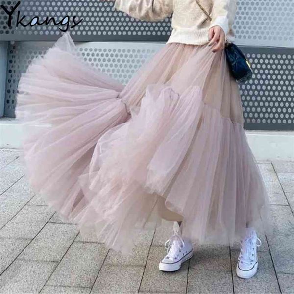 Vintage Fairy Tulle Saia Mulheres Elastic Cintura Alta Malha S Long Plissado Tutu Coreano Jupe Longue Streetwear 210421
