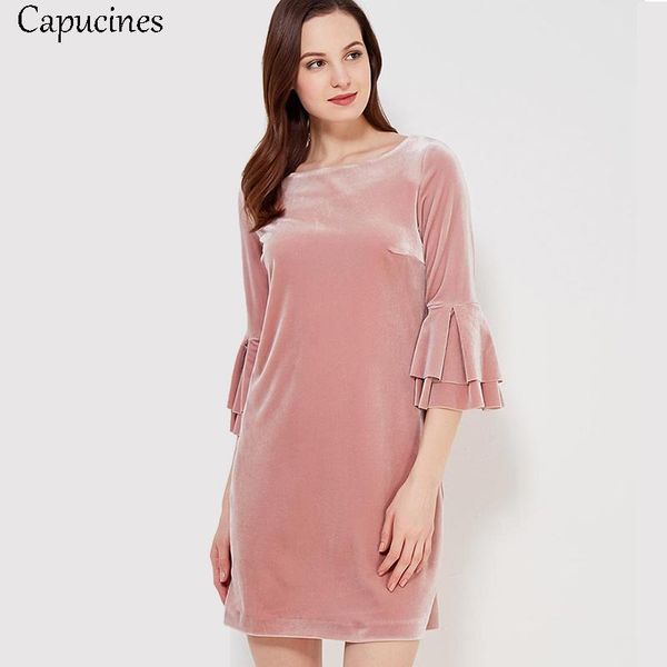 

casual dresses capucines fall butterfly sleeve velvet dress autumn woman three quarter o-neck ruffles party mini, Black;gray
