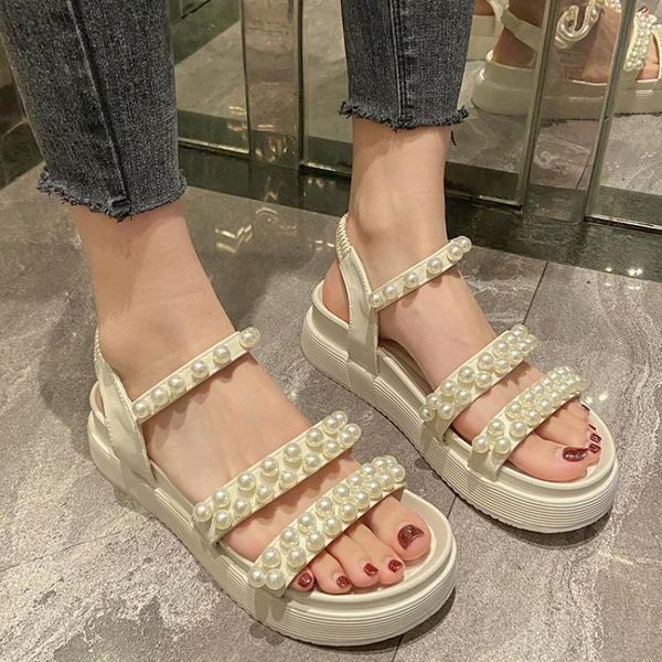 

sandals for girls 2021 summer pearl female flat platform string bead open toe roman shoes elastic band women sandal, Black