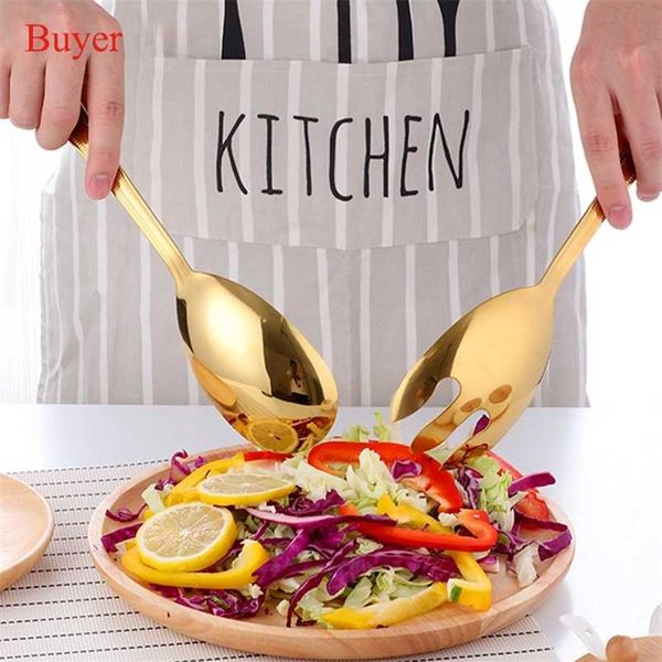 2PCS Edelstahl Große Salatlöffel Gabel Set Mischen Kochen Obst Salatlöffel und Salatgabel Küche Restaurant Werkzeug 211112