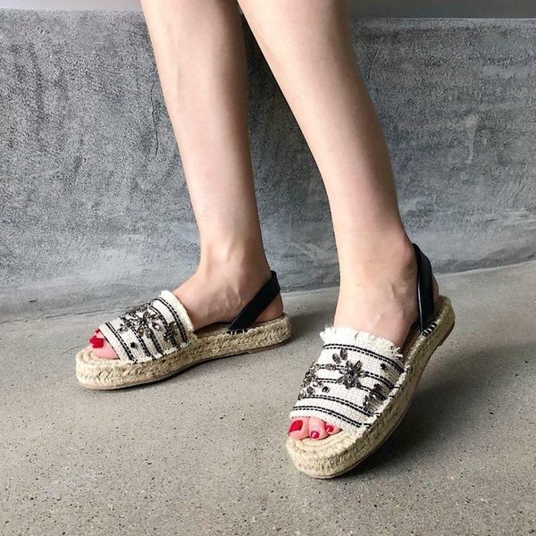 

sandals summer style straw rhinestone fisherman flat bottom lazy thick casual all-match daily large size women's shoe, Black