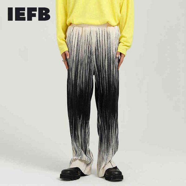 

iefb men's clothing summer wide leg trousers korean trend personalized tie dye stripe pleated loose straight pants 210524, Black