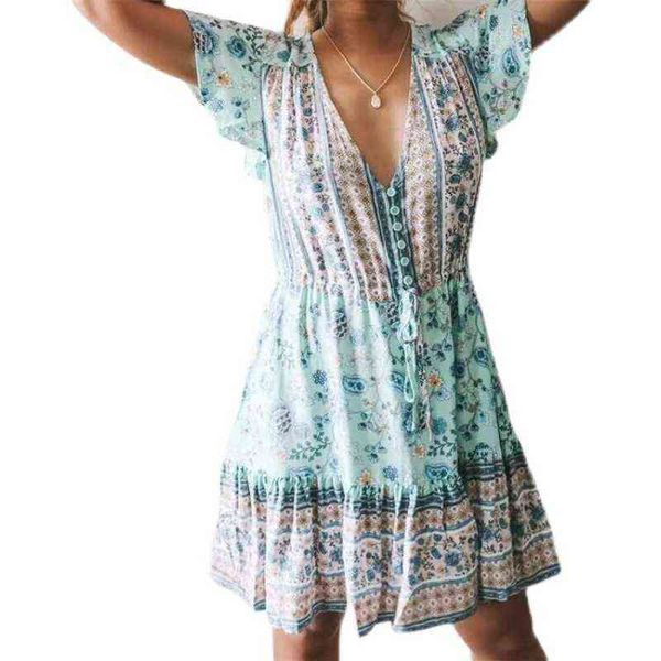 

positioning rayon printing v-neck short sleeve swing fly bohemian drs, Black