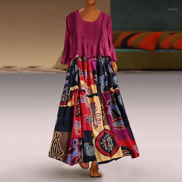 

women casual bohemian dress summer 2021 plus size patchwork two-piece o-neck wrist print vintage maxi vestidos #38 dresses, Black;gray